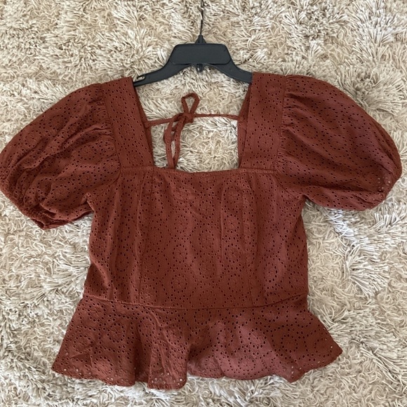 Band of Gypsies Tops - Band of the Free Women Size M Cottagecore Brown Eyelet Babydoll Smocked Tie Back